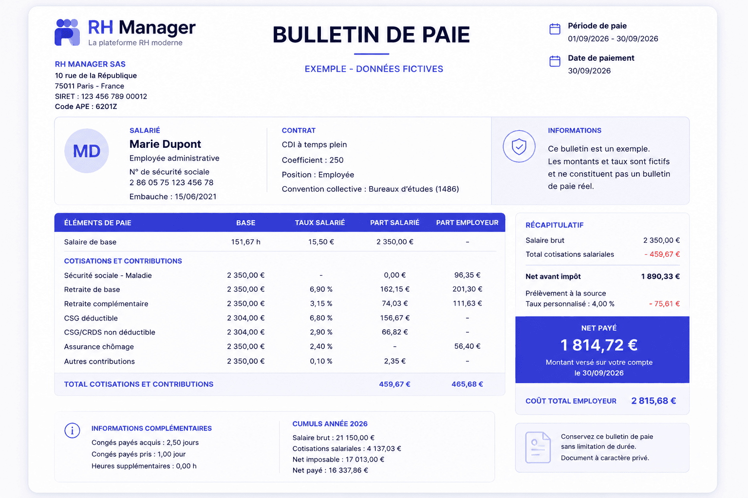Exemple de bulletin de paie — données de démonstration
